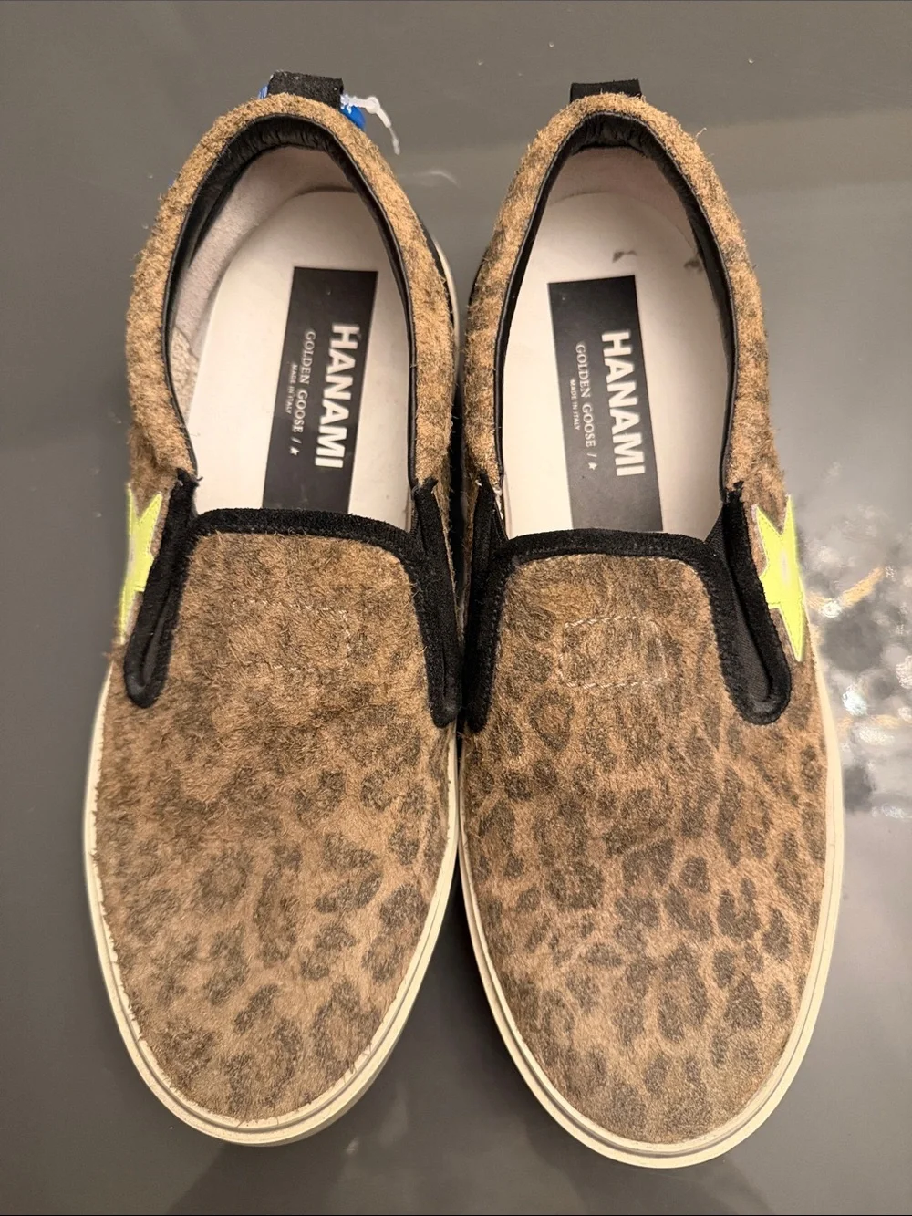 Golden Goose Hanami Leopard-Print Slip-On Flats with Neon Yellow Star
